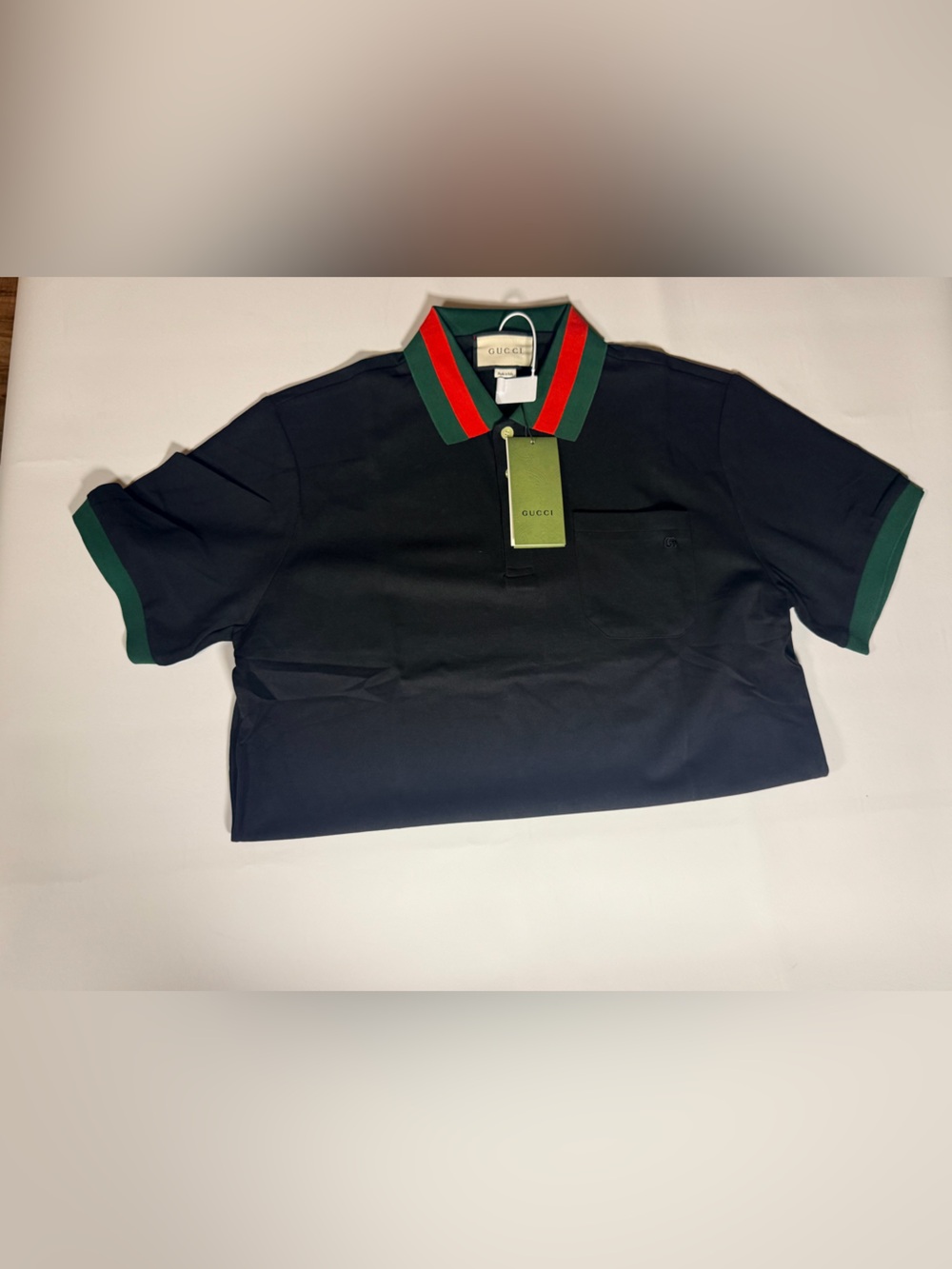 Gucci Navy Polo with Red and Green Stripe Collar